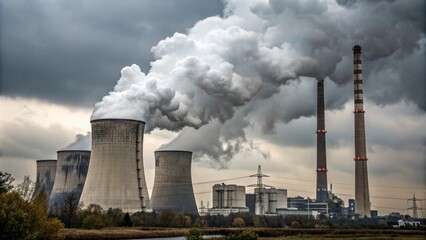 Industrial smokestacks releasing heavy smoke, polluting the atmosphere