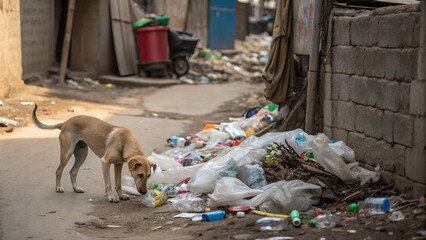 A stray dog rummages through piles of plastic waste in a dirty alley, highlighting the impact of pollution on urban animals