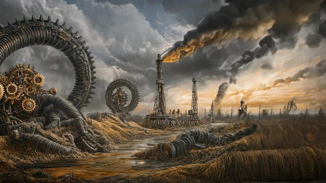 Giant metallic octopus rises from a polluted wasteland, its tentacles intertwining with rusted machinery and gears