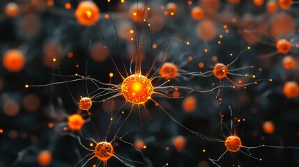 Close-up of glowing orange cells connected by thin tendrils.