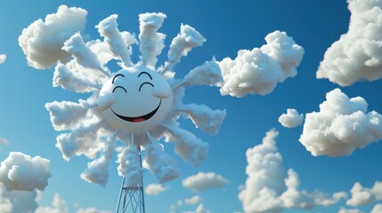 Cheerful 3D Animated Windmill with Smiling Face in a Bright Blue Sky Surrounded by Fluffy White Clouds, Showcasing Whimsical and Happy Vibes