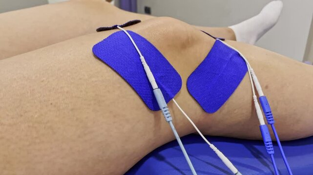 Physiotherapy for the knee. Person leg with electro stimulator electrodes on the knee.