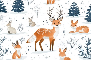 A Winter Wonderland with Deer, Bunnies, and Snowy Trees