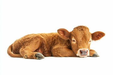 Fototapeta premium A brown calf lying down on a white background.