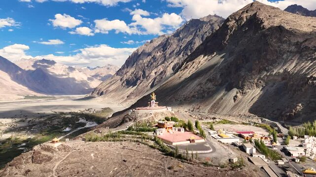 Aerial Drone shot of Diskit monastry buddha statue