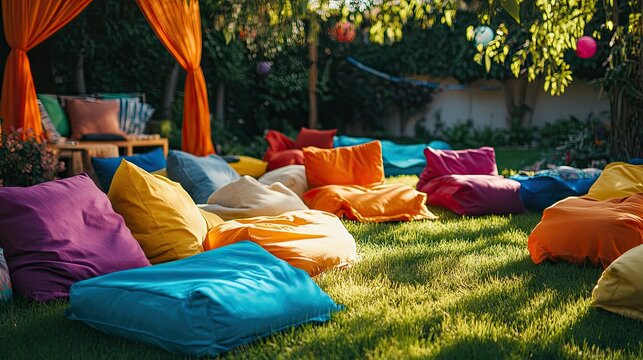 Outdoor cinema setup with bean bags in a variety of bright colors, cozy blankets, and cushions scattered around