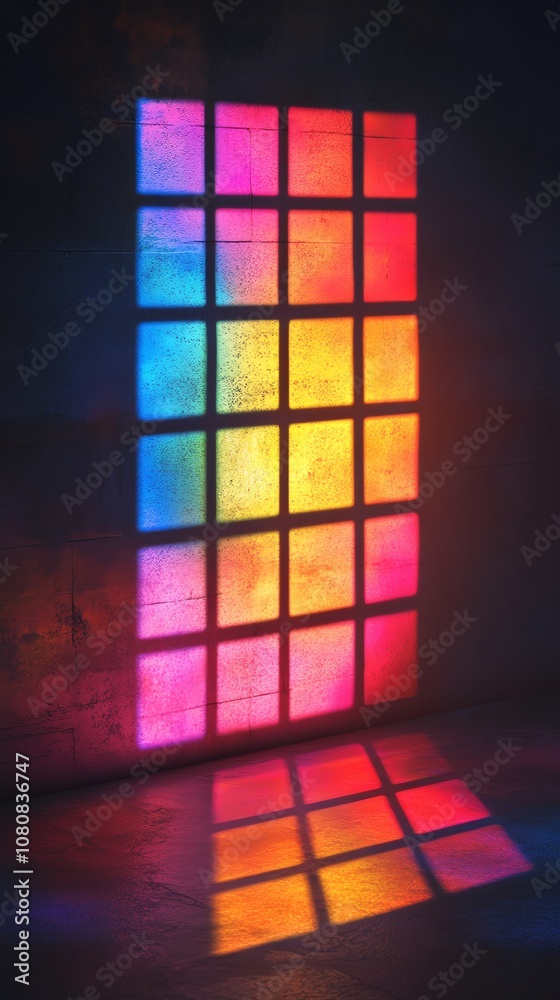 Poster A colorful window in a dark room with light shining through and casting a rainbow shadow on the floor.