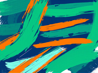 Fototapeta premium Vibrant abstract painting featuring dynamic brush strokes in green, blue, and orange, highlighting creative expression and artistic flair