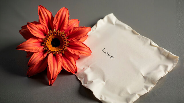 Red flower and torn paper note