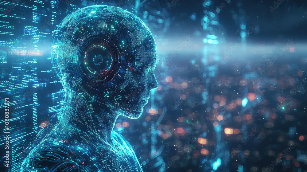 Poster futuristic ai robot analyzing information in digital environment, showcasing advanced technology and