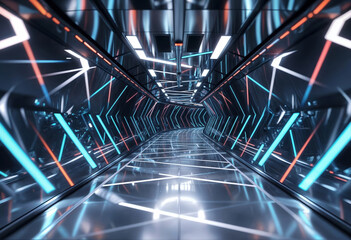 Futuristic Sci-Fi Corridor with Neon Blue and Orange Light Effects, Modern Geometric Architecture in Dark Metallic Tunnel with Reflective Floor