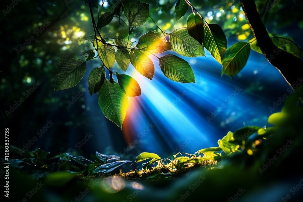 Poster A rainbow peeking through trees in a misty forest, light filtering in and creating a magical scene