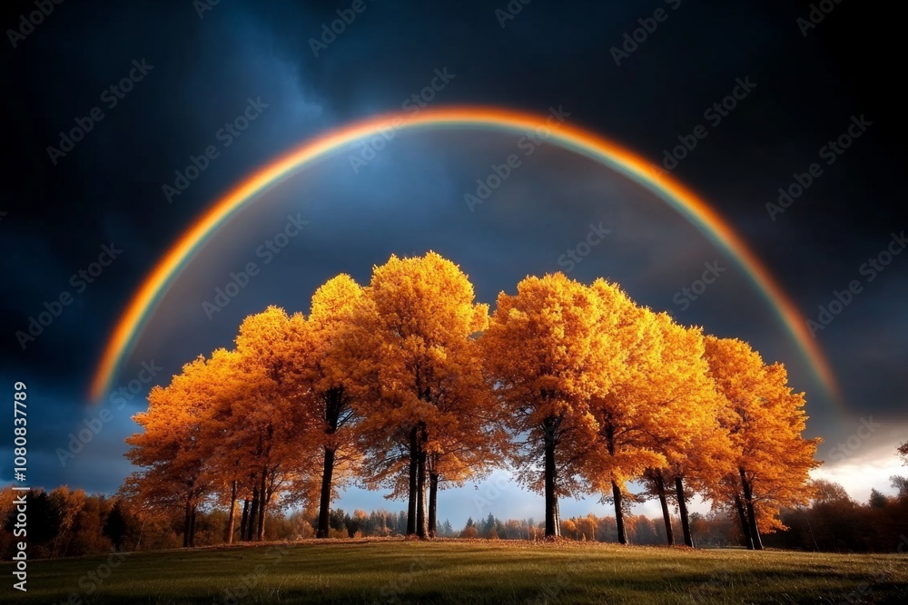 Poster A rainbow peeking through trees in a misty forest, light filtering in and creating a magical scene