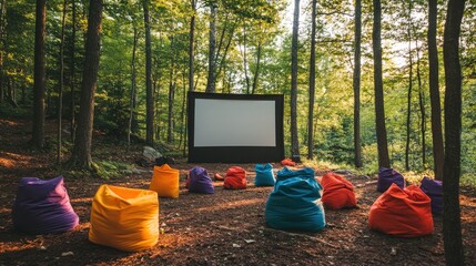 Fototapeta premium Outdoor movie setup in a forest, with colorful bean bags on the ground and screen nestled between trees
