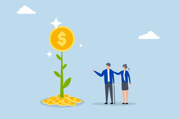 Retirement pension fund, grandpa observes financial increase from the money growing plant