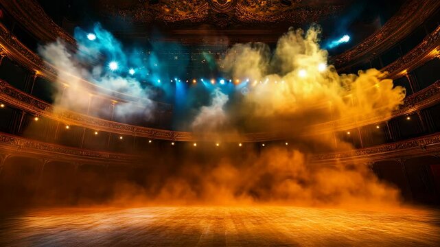 Blue and orange stage lights illuminate swirling smoke, creating a dramatic atmosphere on an empty theater stage, enhancing the sense of anticipation for a captivating performance