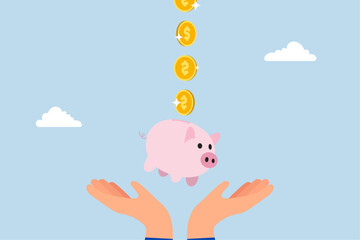 Frugality, coins in dollars fall into a hand grasping a piggy bank. 