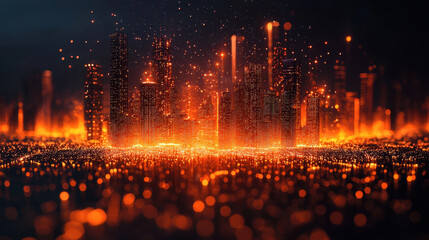 Naklejka premium vibrant holographic projection of futuristic cityscape, glowing with orange and gold lights, creates mesmerizing atmosphere. skyline is filled with towering buildings and dynamic energy