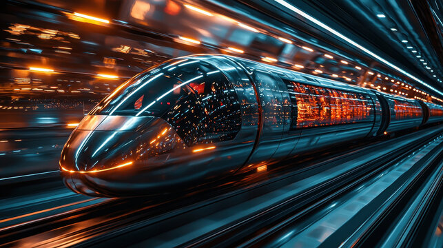 hyperloop pod speeding through futuristic tunnel, showcasing sleek design and vibrant lights. motion creates sense of speed and innovation