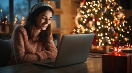 Young beautiful woman with dark long hair in cozy white knitted sweater using laptop on bed in room with Christmas tree. Portrait of carefree happy teenager girl student in house in christmas