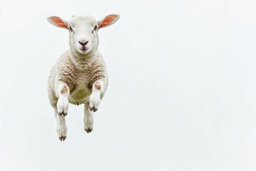 Fototapeta premium White lamb upside down in mid-air.