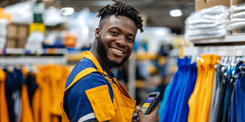 Naklejka premium A smiling man in blue and yellow uniform holds smartphone while standing in retail store filled with clothing. His cheerful demeanor adds positive vibe to shopping environment