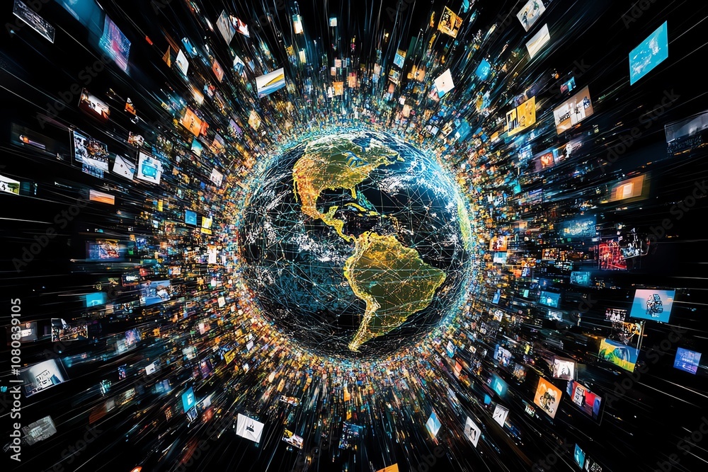 Poster A digital globe surrounded by a multitude of colorful images, representing the global interconnectedness of the digital world.