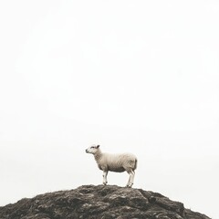Fototapeta premium A single sheep stands on a rocky hill.