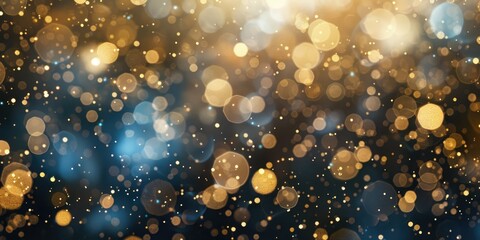 Abstract background of glitter vintage lights. De-focused banner blurred light element for cover decoration bokeh. Holiday concept with dark blue and gold particles. Christmas Golden shine particles