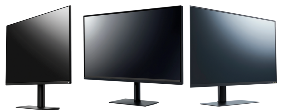 A set of modern computers monitor with sleek black design, isolated on a white background. Ideal for technology themes, office setup.