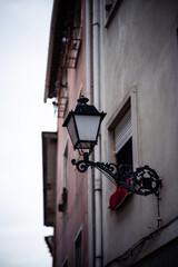 Rainy city street photography session. Rain and red leafs