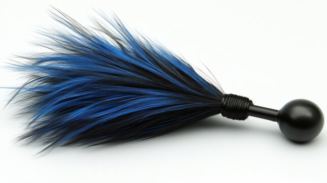 Blue and black feather tickler with a black ball handle.