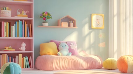A cozy study space with colorful books and cheerful decorations featuring a playful character