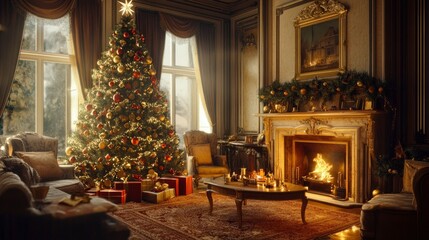 A festive bedroom featuring a small Christmas tree on the nightstand, cozy holiday blankets, and lights over the headboard.