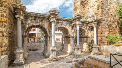 Naklejka premium View of Hadrian's Gate in old city of Antalya timelapse hyperlapse, Turkey