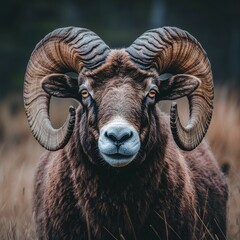A close-up of a ram with large horns.