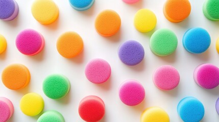 Rainbow-colored makeup sponges spread out on a white surface, creating a cheerful pattern