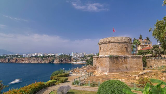 Hidirlik tower in Kas town in Antalya timelapse hyperlapse with view of harbor marine bay is a old city