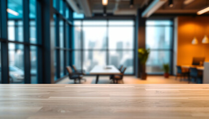 Obraz premium Wooden table in light office with panoramic windows