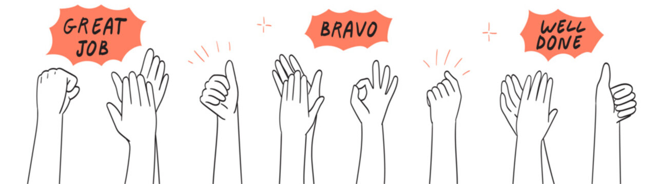 People crowd applaud to congratulate success job. Human hands clapping. Thumbs up. Business team cheering and ovation vector concept. Illustration support celebration, appreciation friendship.