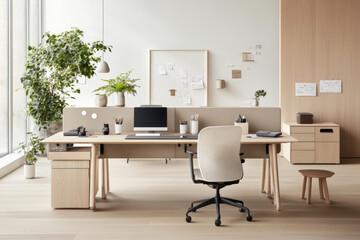 A modern office space featuring wooden desk, ergonomic chair, and greenery. minimalist design promotes productivity and comfort, creating an inviting workspace