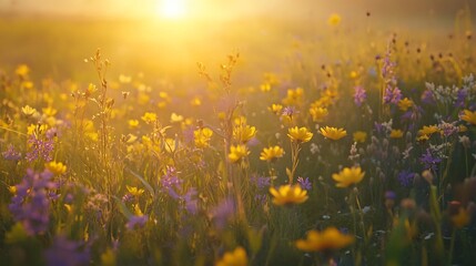 Sunlit Meadow with Wildflowers at Sunrise