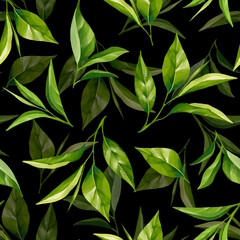 Obraz premium Seamless pattern with green tea leaves. Floral background.