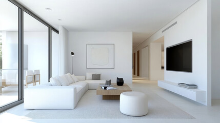 Fototapeta premium Modern living room with minimalist design featuring white sectional sofa, wooden coffee table, and large windows allowing natural light. space exudes tranquility and elegance