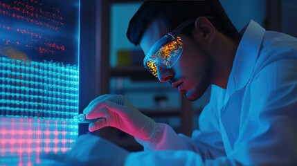 Researcher in a lab analyzing a digital DNA strand, with glowing particles representing gene editing