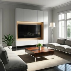 Interior of Modern Living Room with TV Cabinet, Lamp, Table, and Plants
