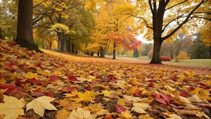A carpet of yellow red and orange leaves in an autumn park, park scenery, fallen leaves, golden glow