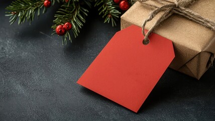 christmas sale concept. Close-up of a red tag labeled Christmas Special Deal on a holiday gift item, with sparkly seasonal decorations, Red tag with Christmas special deal text, Cheerful and inviting