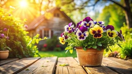 Naklejka premium Vibrant Pot of Pansies on Rustic Wooden Deck in Picturesque Garden with Sunshine and Blooming Flowers