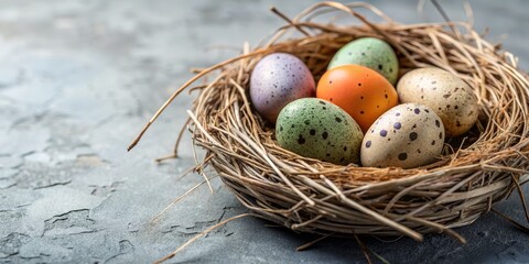Obraz premium Serene Nest of Soft Gray with Speckled Eggs in Various Colors on Natural Straw Background for a Calm and Tranquil Aesthetic